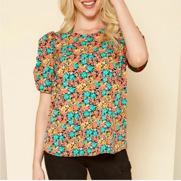 Pleione Floral Print Blouse with Ruched Short Sleeves Size XL - Picture 1 of 9